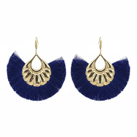 Extra Large Blue Fan Shaped Tassel Earrings
