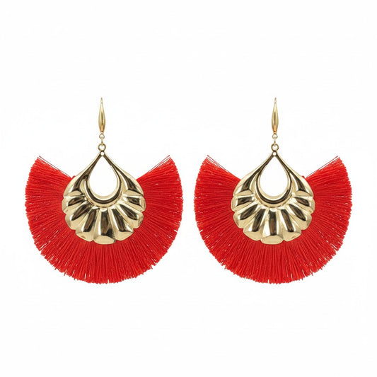 Extra Large Red Fan Shaped Tassel Earrings