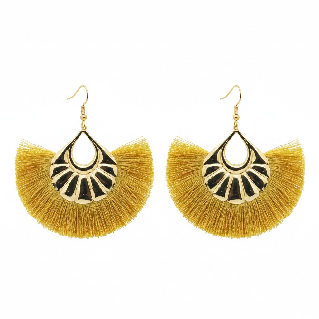 Extra Large Gold Fan Shaped Tassel Earrings