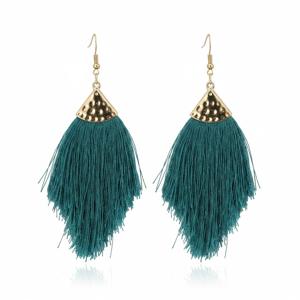 Extra Large Teal Tassel Pendant Earrings