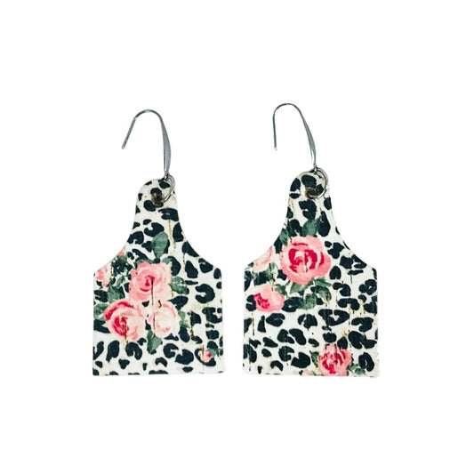 Rose Leopard Cork Cow Tag Earrings