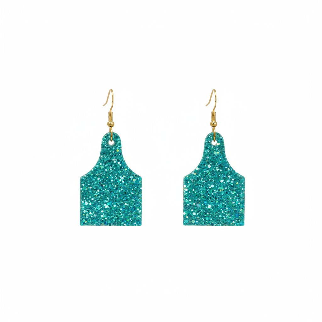 Turquoise Tide Glitter Cow Tag Earrings