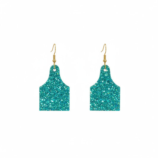 Turquoise Tide Glitter Cow Tag Earrings
