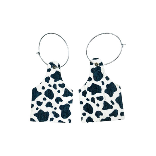 Black & White Spotted Cow Cork Hoop Earrings