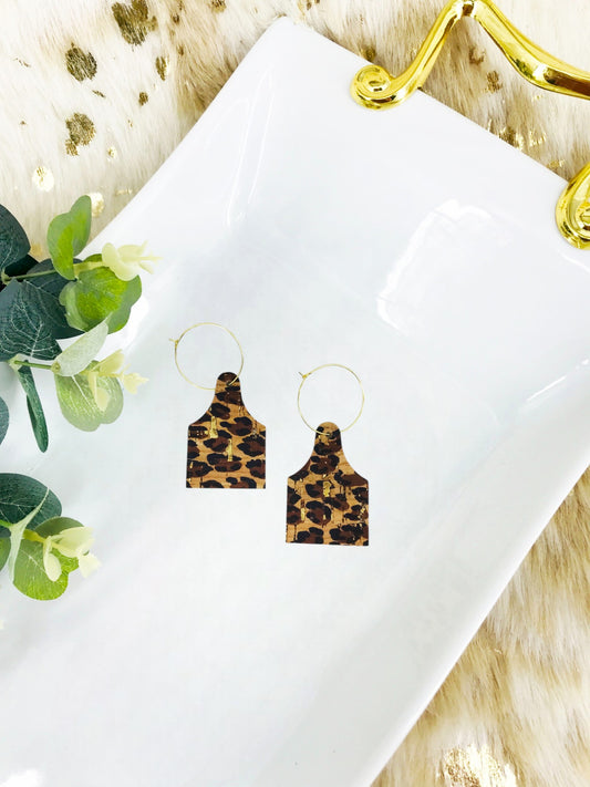 Genuine Cork on Leather Cow Tag Hoop Earrings - E19-2798