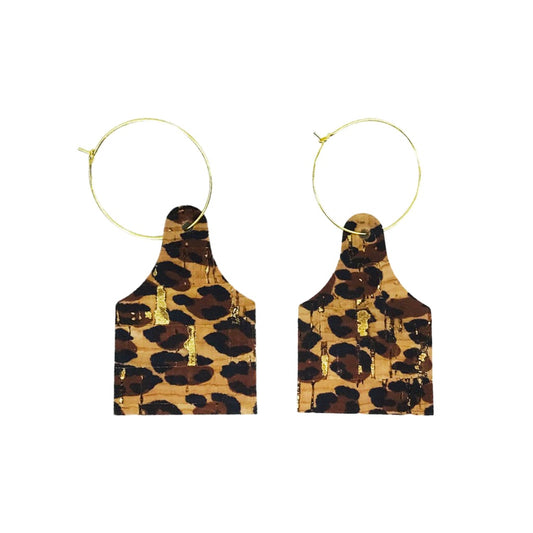 Baby Cheetah Cork Cow Tag Hoop Earrings