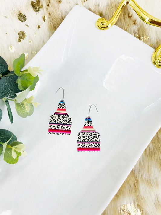 Cheetah Faux Leather and Natural Cork Cow Tag Earrings - E19-2801
