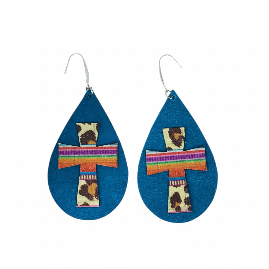 Turquoise Suede Leopard Cross Teardrop Earrings