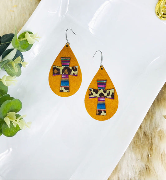 Mustard Suede and Embossed Leopard Leather Earrings - E19-2806
