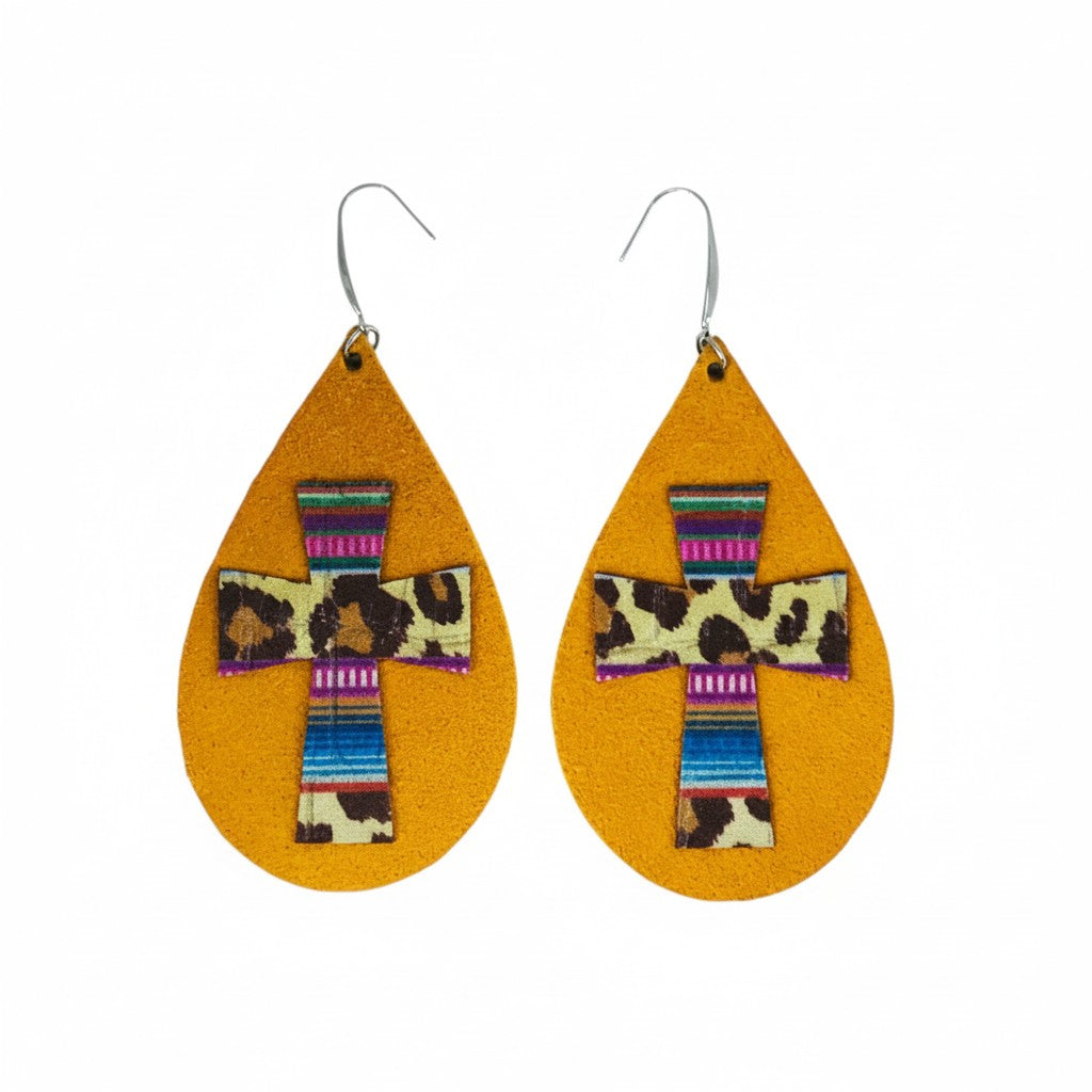 Mustard Suede Leopard Cross Teardrop Earrings