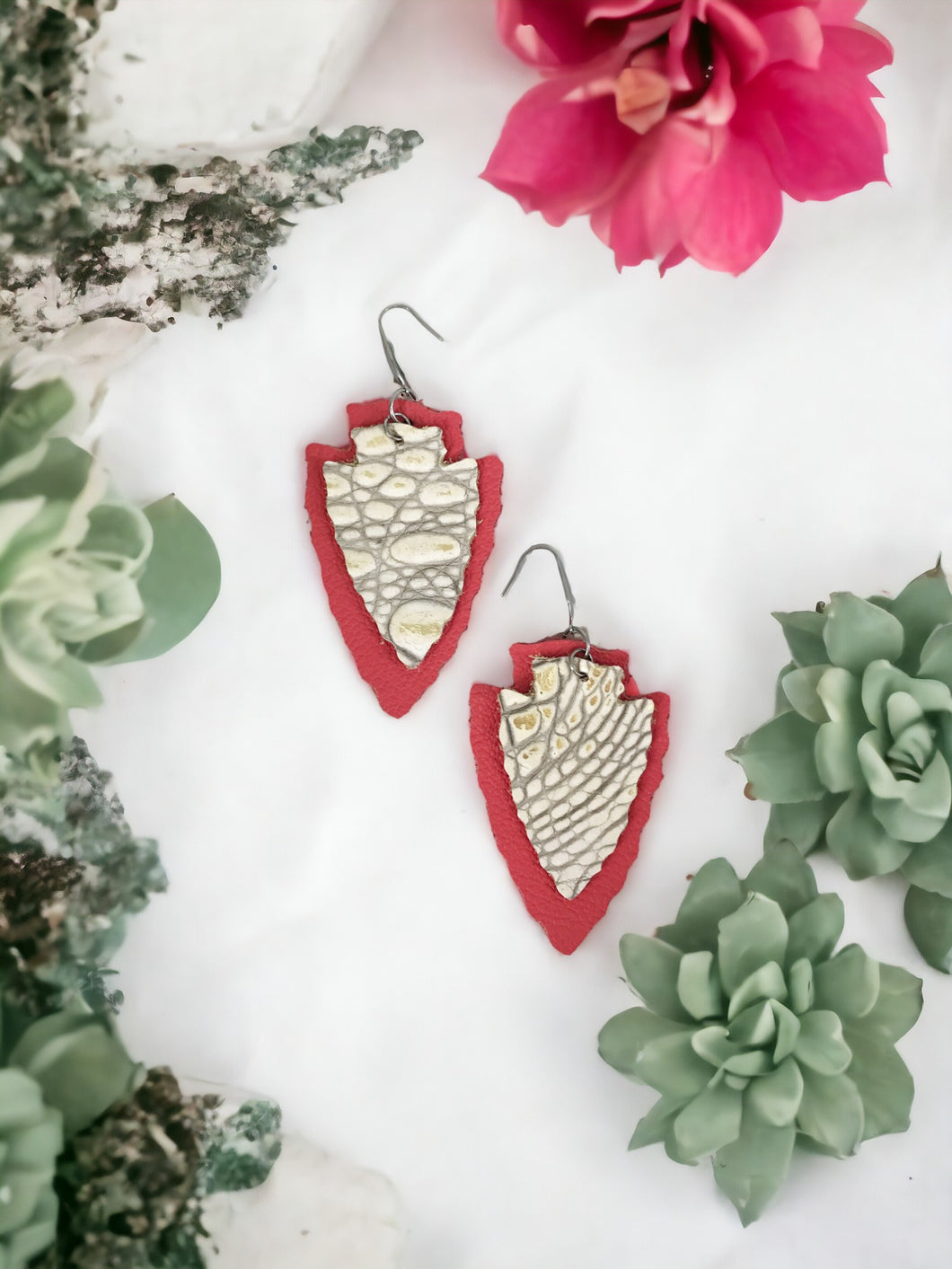 Genuine Alligator Leather and Coral Earrings - E19-280