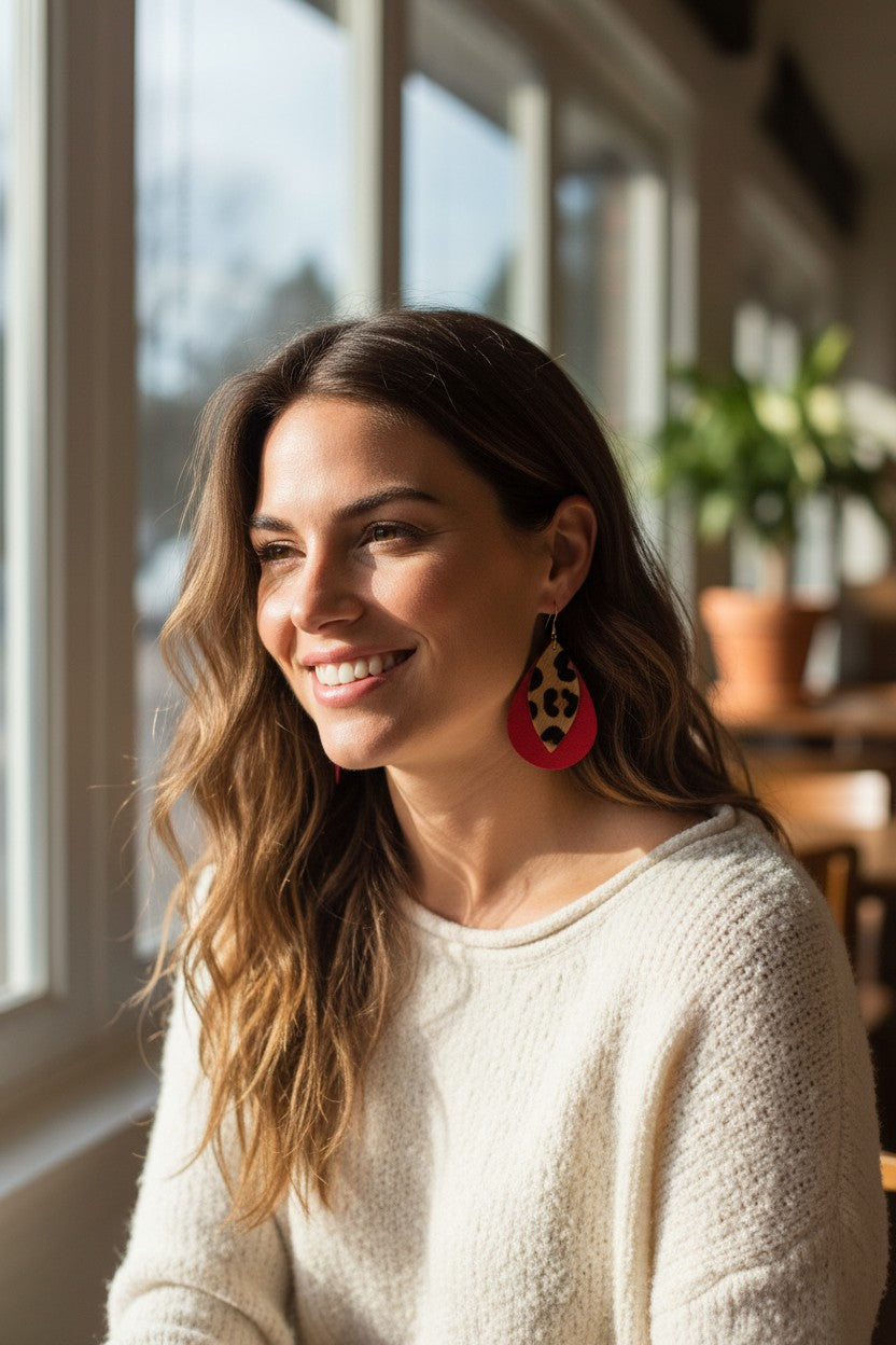 Coral and Cheetah Leather Earrings - E19-2813