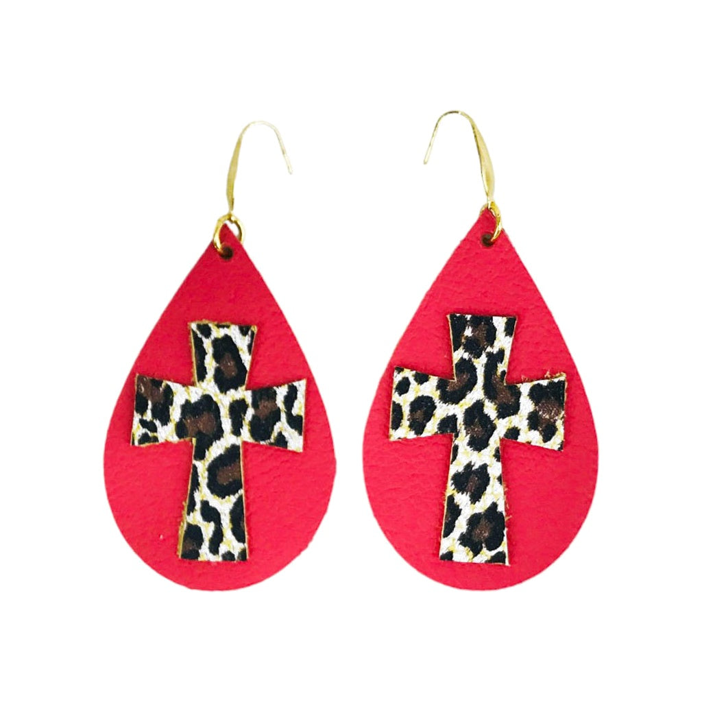 Deep Sea Coral Leopard Cross Teardrop Earrings