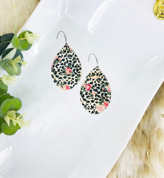Roses and Leopard Cork on Leather Earrings - E19-2824