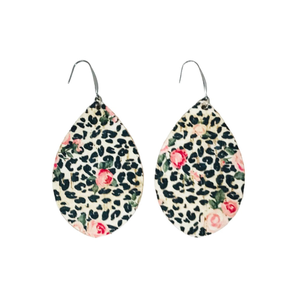 Rose Leopard Cork Teardrop Earrings