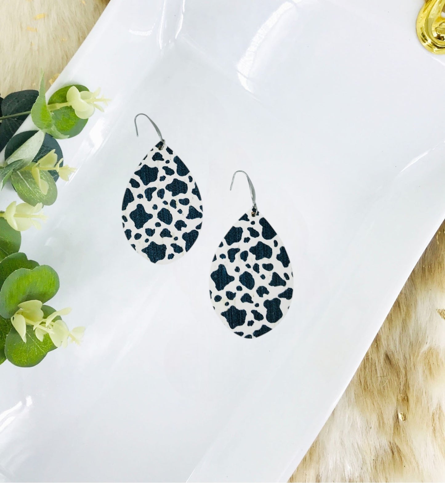 Spotted Cow Cork on Leather Earrings - E19-2827