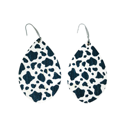 Black & White Spotted Cow Cork Teardrop Earrings