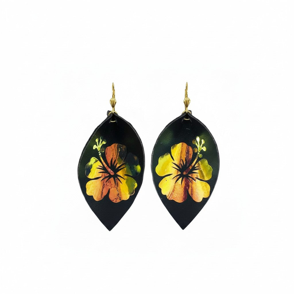 Brown Hibiscus Leaf Leather Earrings