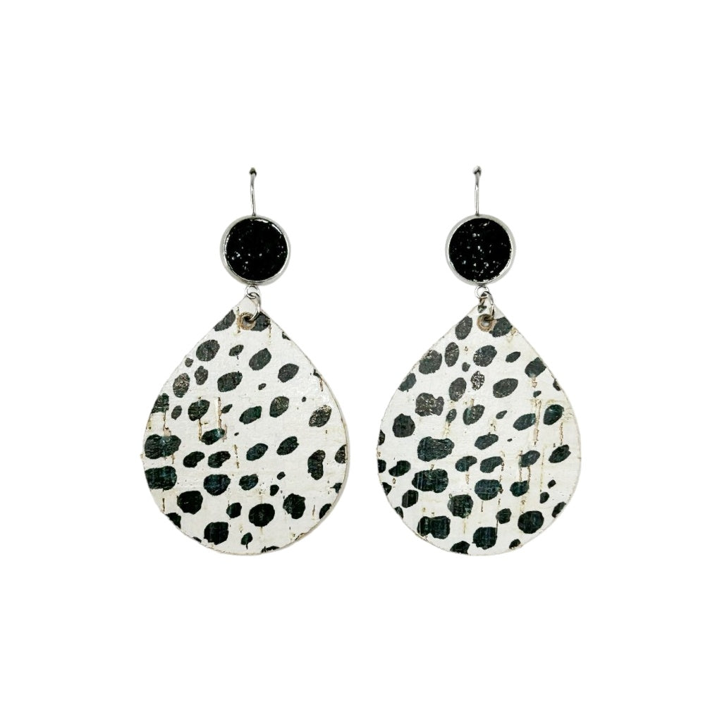 Black Faux Druzy & Mini Cheetah Cork Teardrop Earrings
