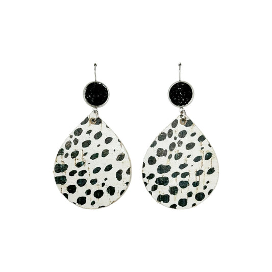 Black Faux Druzy & Mini Cheetah Cork Teardrop Earrings