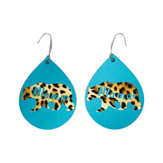 Teal Mama Bear Faux Leather Earrings