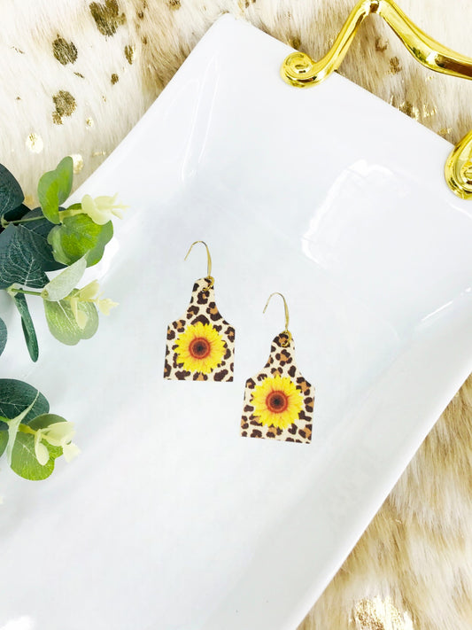 Sunflower Leopard Leather Cow Tag Earrings - E19-2859