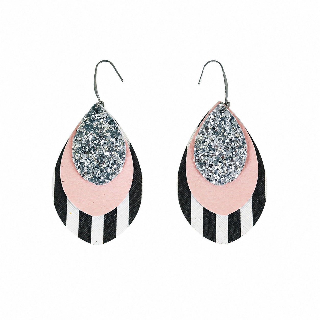 Silver Sparkle Stripe Layered Faux Leather Earrings