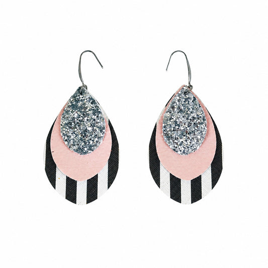 Silver Sparkle Stripe Layered Faux Leather Earrings