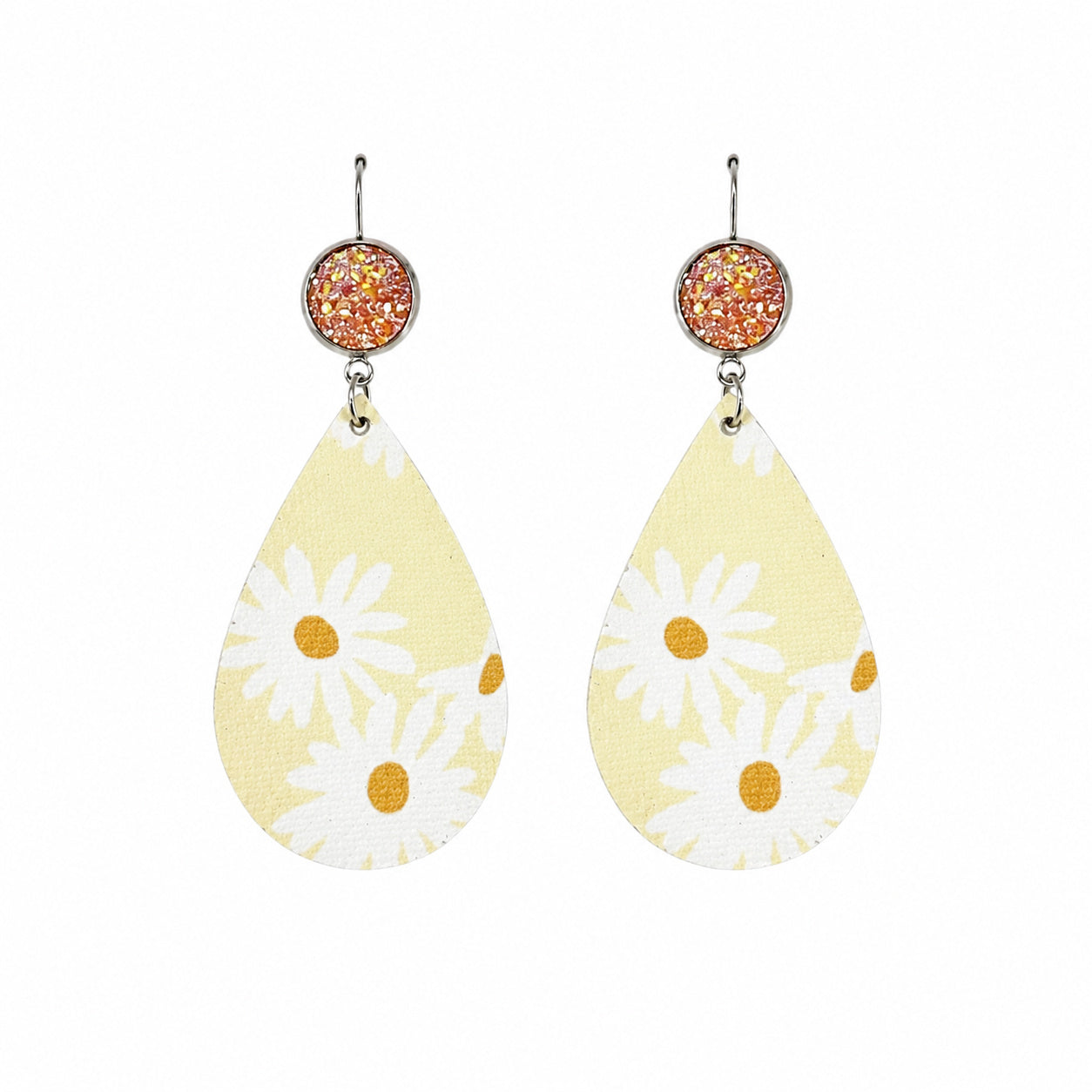 Sunny Daisy Druzy Faux Leather Earrings