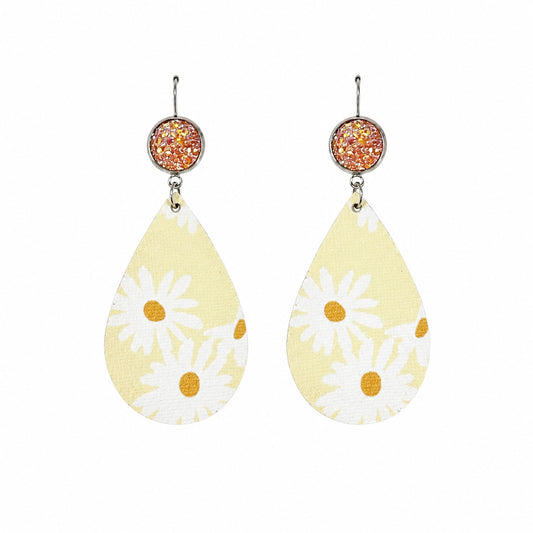 Sunny Daisy Druzy Faux Leather Earrings