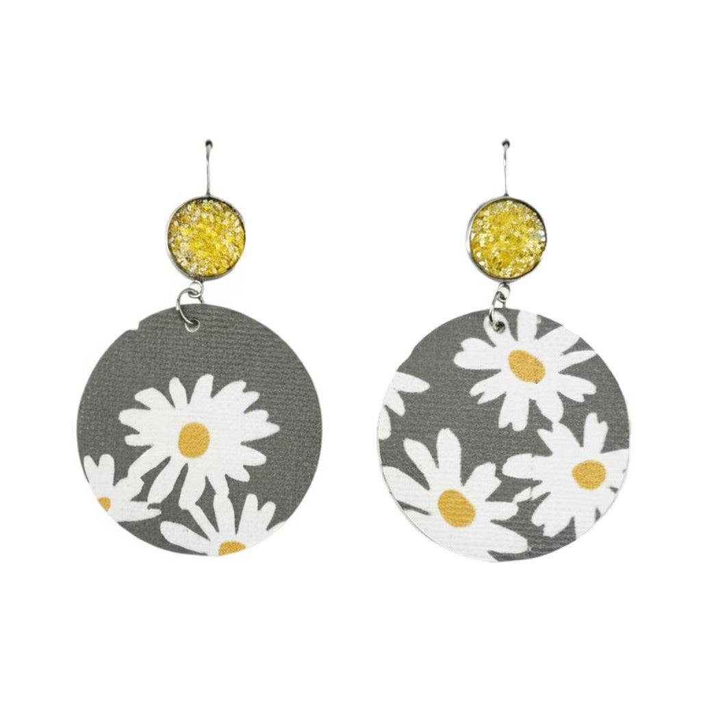 Golden Daisy Druzy Faux Leather Earrings