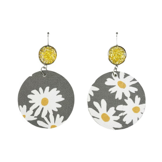 Golden Daisy Druzy Faux Leather Earrings