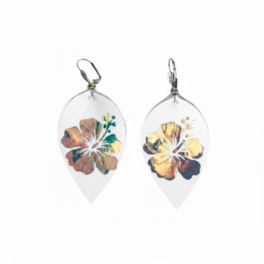 White Hibiscus Leaf Leather Earrings