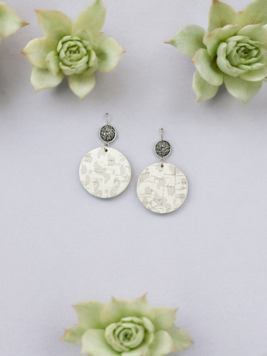 Gray Druzy and Nude Leopard Leather Earrings - E19-2885