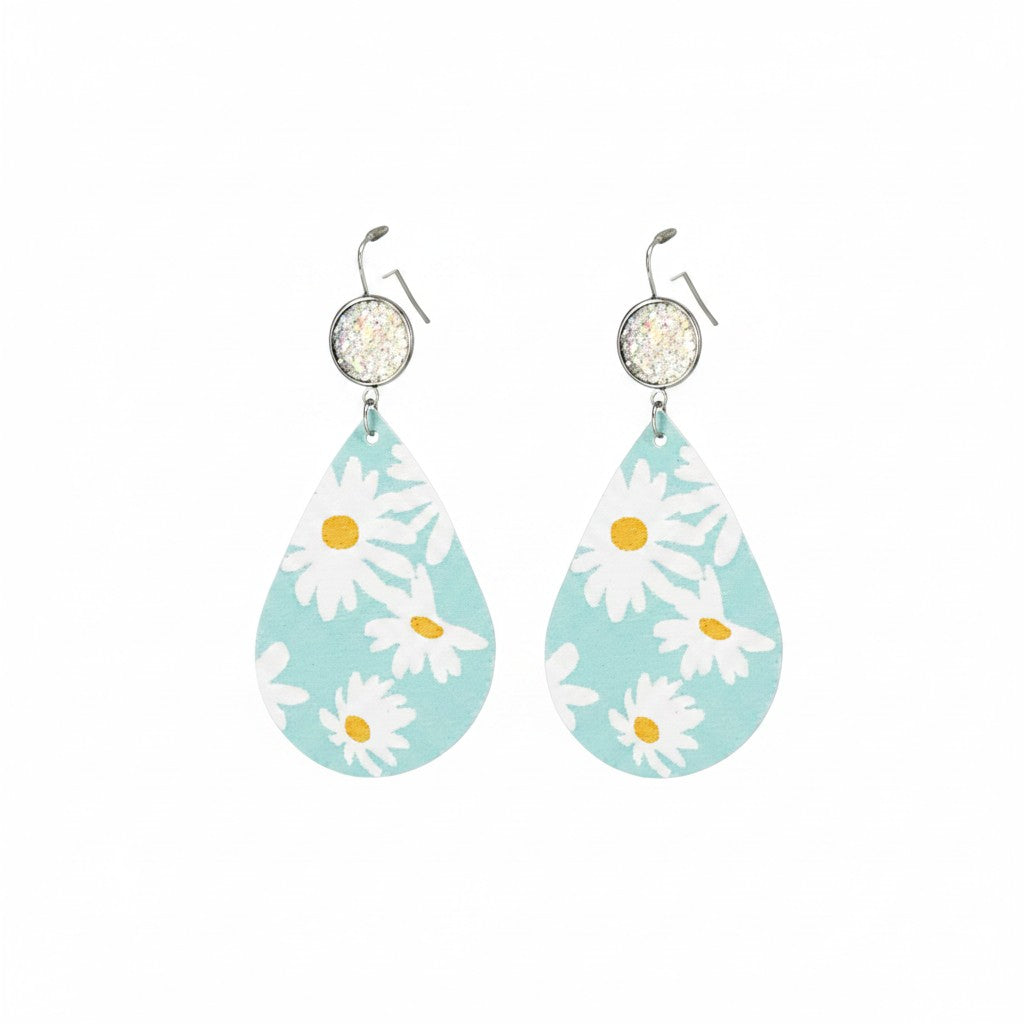 White Daisy Druzy Faux Leather Earrings