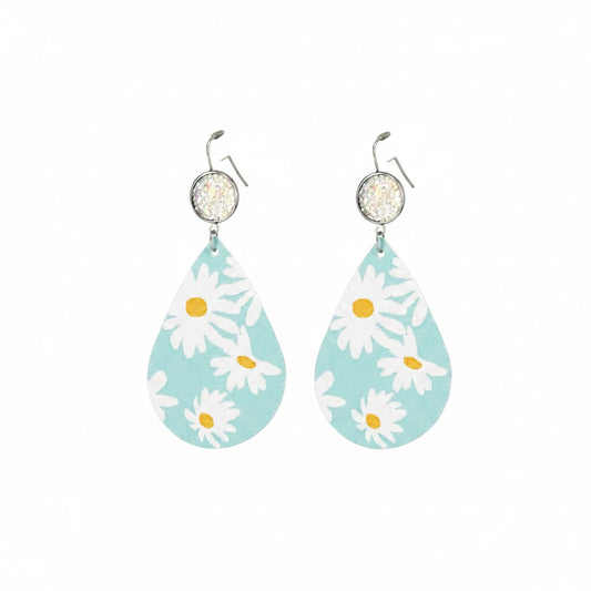 White Daisy Druzy Faux Leather Earrings