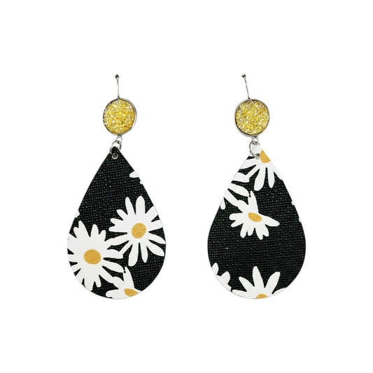 Golden Daisy Faux Leather Earrings