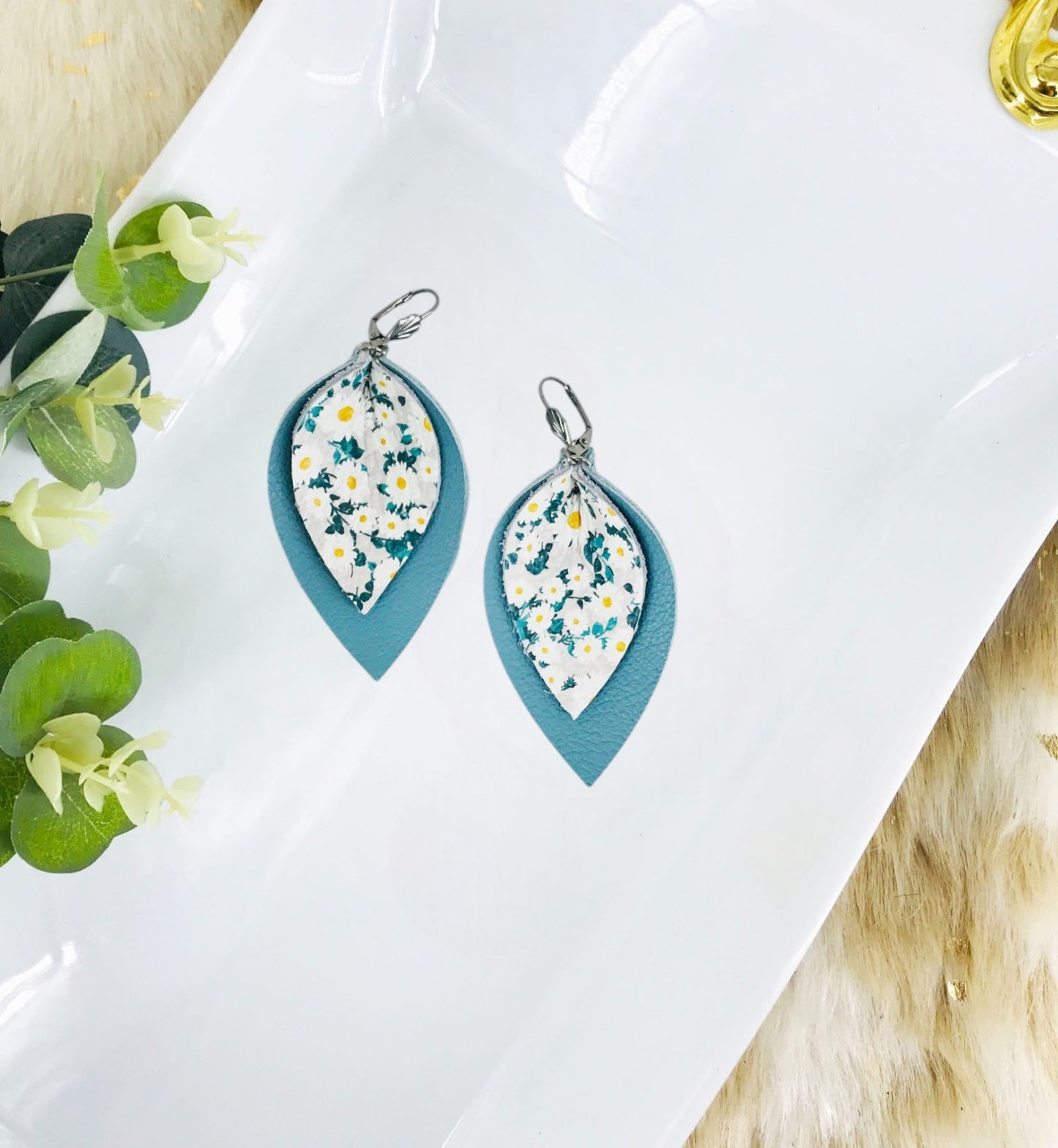 Blue Leather and Daisy Leather Earrings - E19-2903
