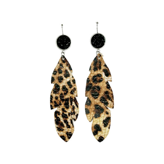 Midnight Leopard Feather Drop Earrings