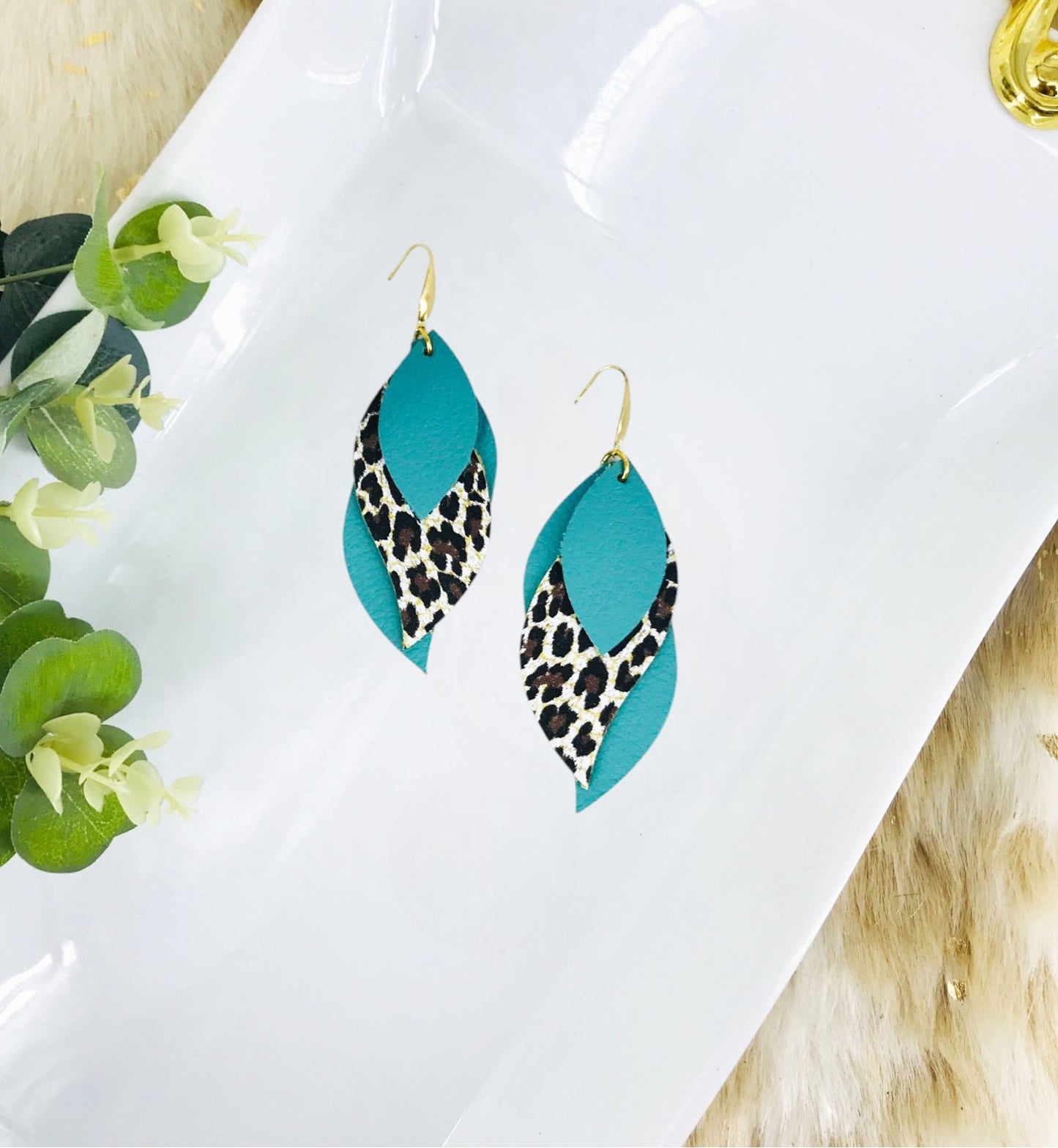 Aqua and Leopard Leather Earrings - E19-2948