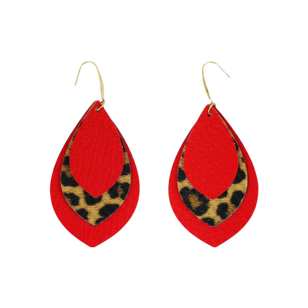 Crimson Leopard Layered Faux Leather Earrings