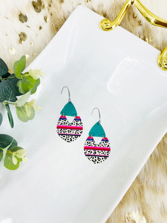 Teal and Cheetah Serape Striped Faux Leather Earrings - E19-2981