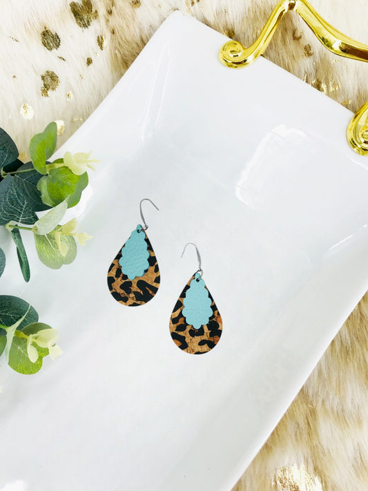 Leopard Cork and Teal Leather Earrings - E19-3005