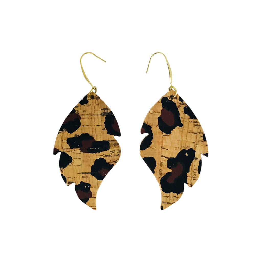 Chocolate Leopard Cork Feather Earrings