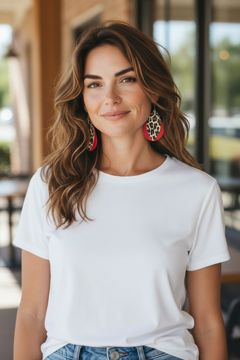 Coral and Cheetah Leather Earrings - E19-3041