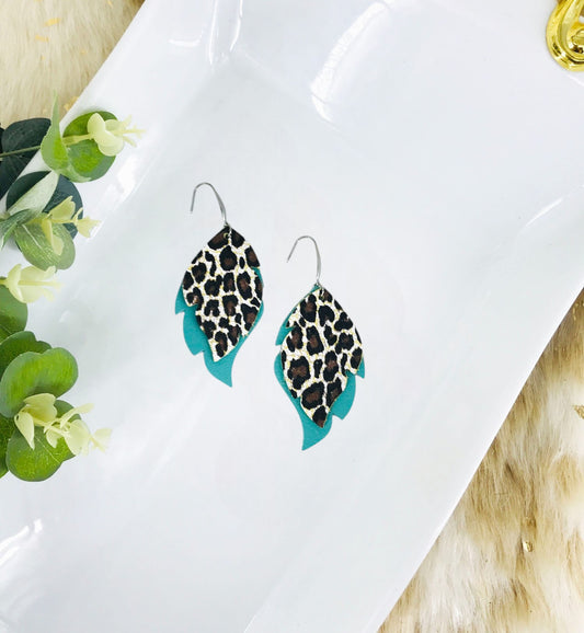 Aqua and Cheetah Leather Earrings - E19-3046