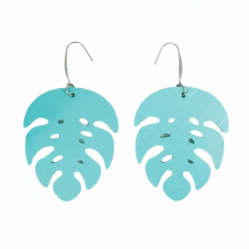 Teal Monstera Faux Leather Earrings