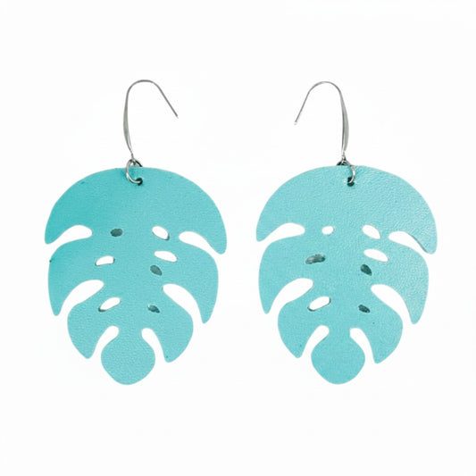 Teal Monstera Faux Leather Earrings