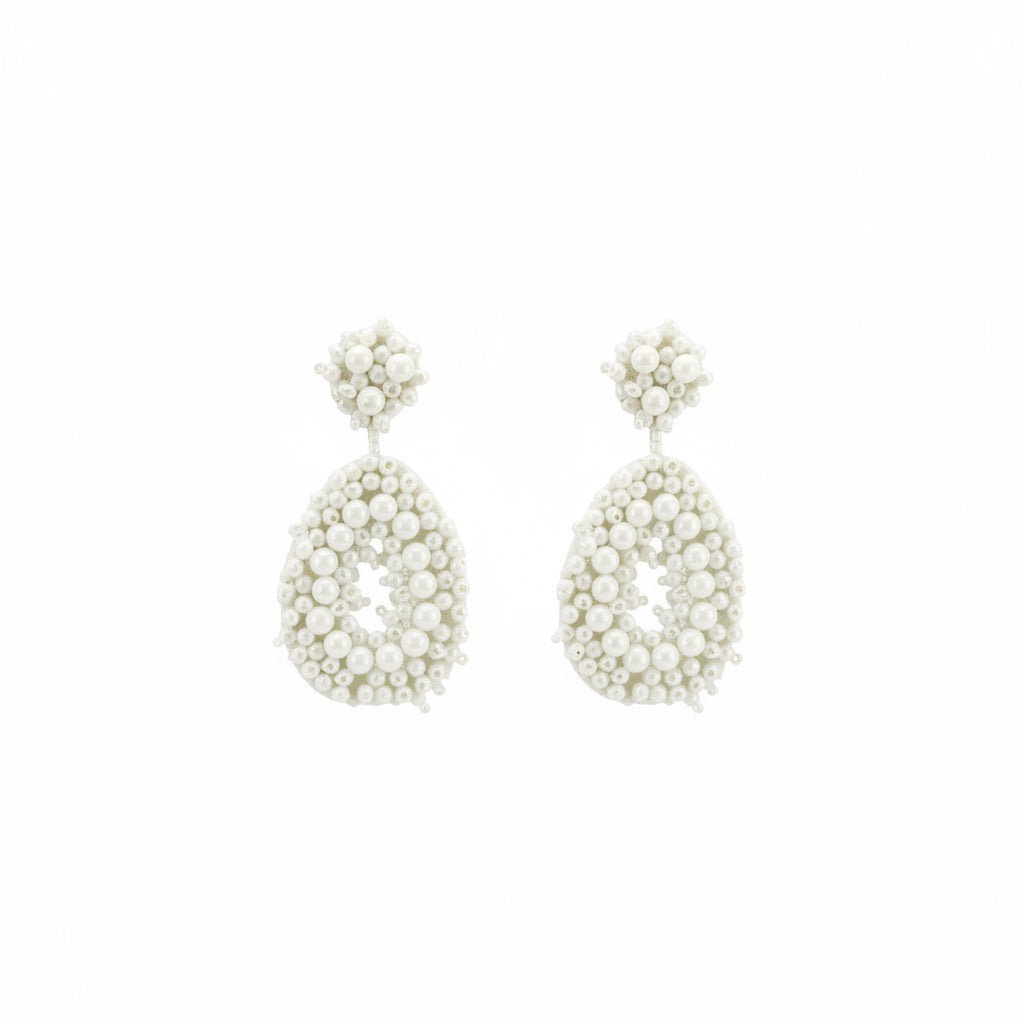 White Bohemian Beaded Teardrop Stud Earrings