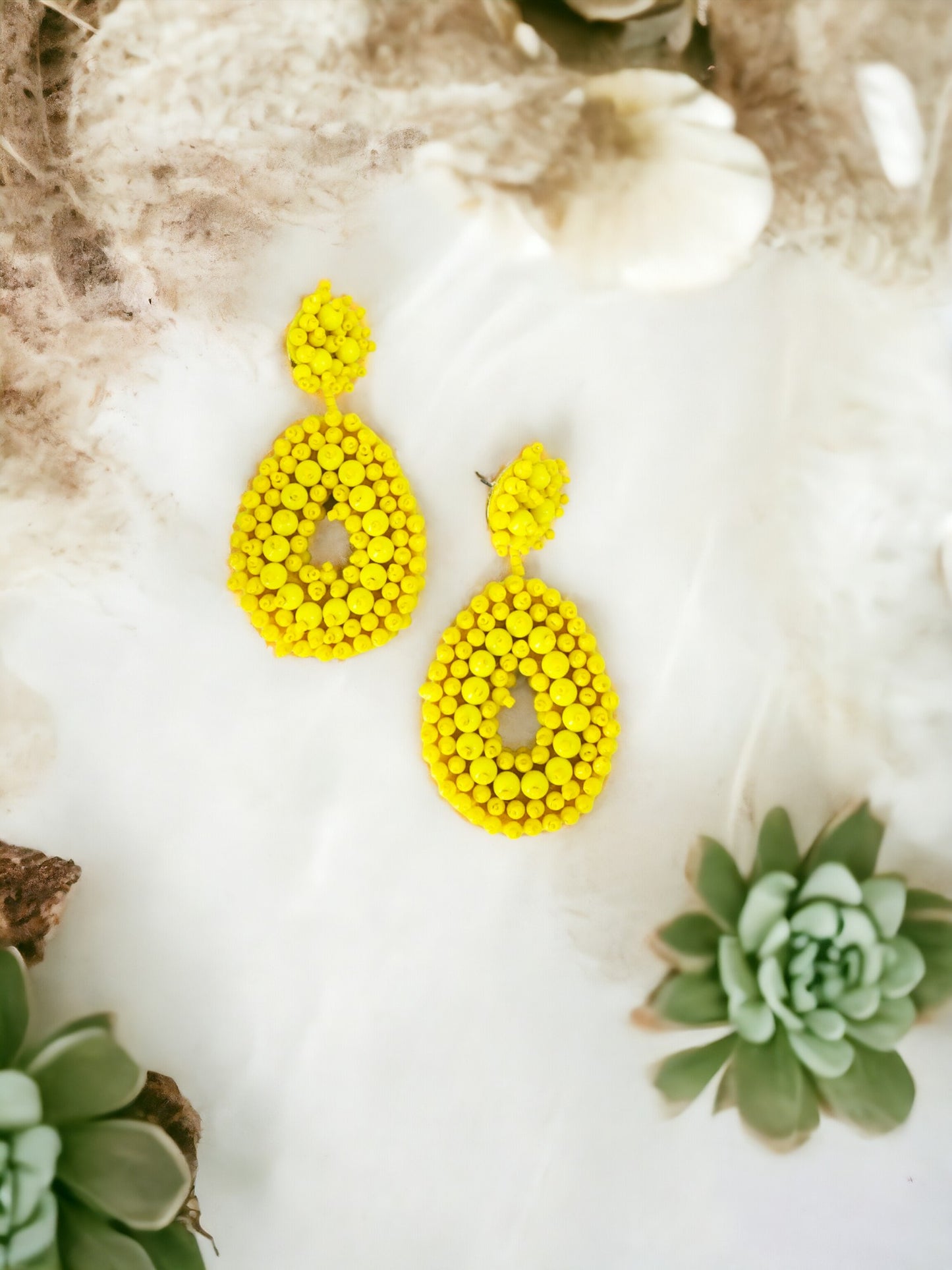 Yellow Bohemian Beaded Teardrop Earrings - E19-3078